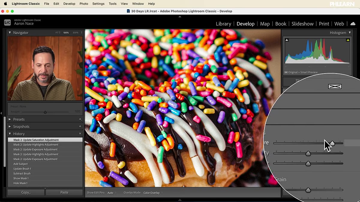 Texture and Clarity sliders increased with zoomed-in view of donut