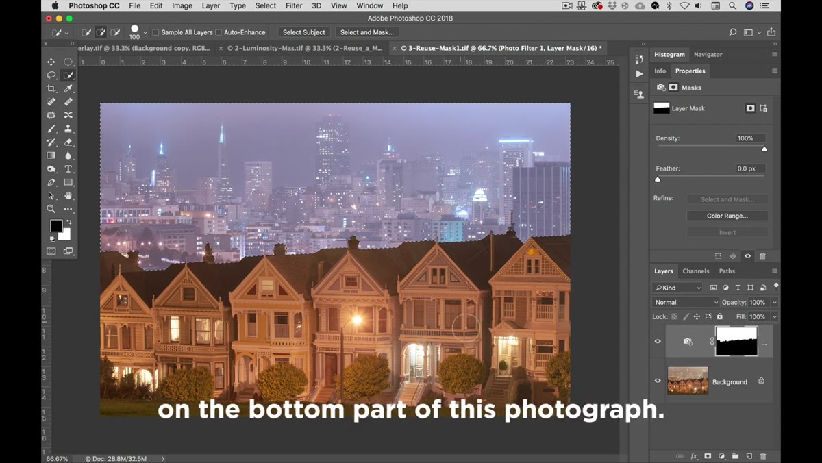 Select Inverse applied, then Curves adjustment targeting foreground houses