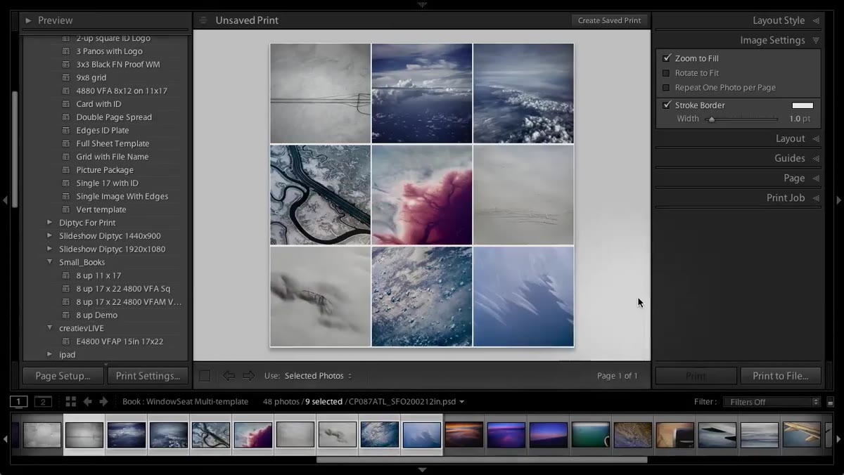 Nine images selected in filmstrip before printing to file