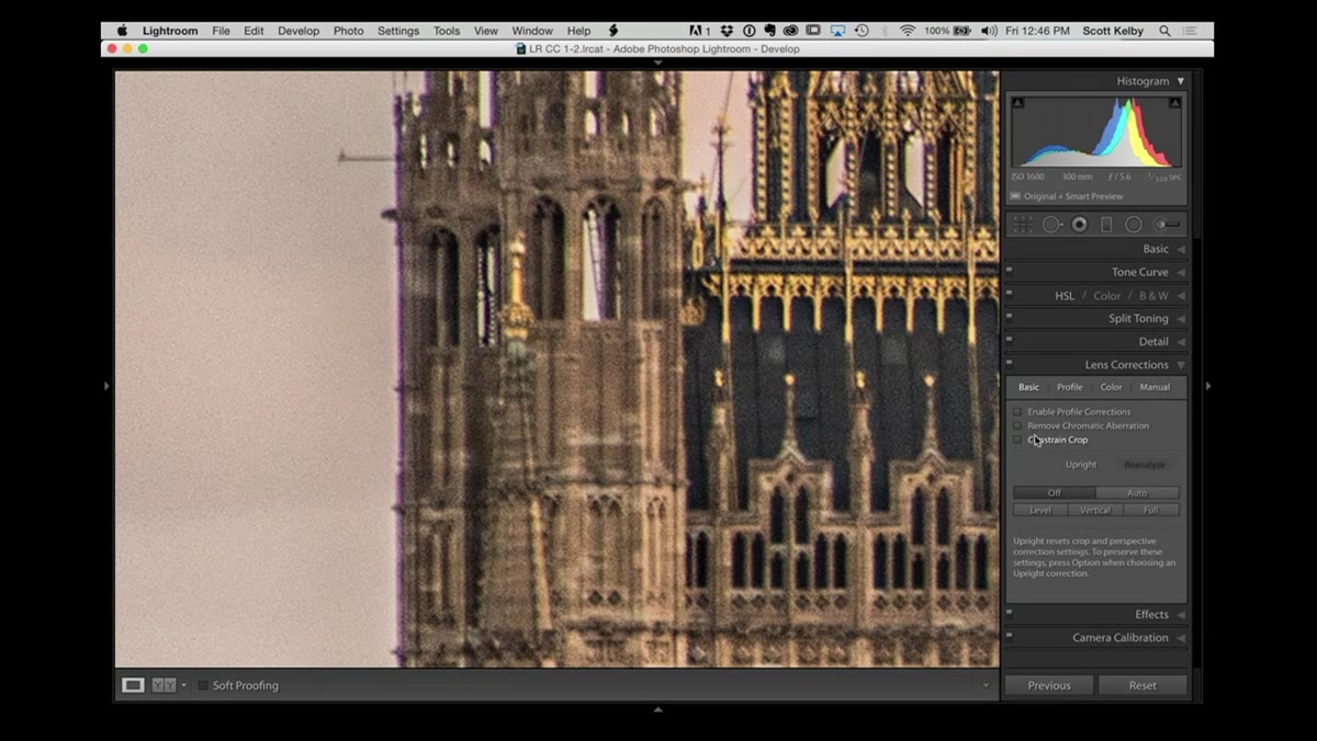 Lens Corrections panel open, Remove Chromatic Aberration checkbox highlighted