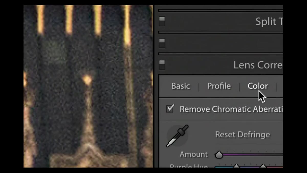 Color panel inside Lens Corrections showing Purple and Green Amount sliders