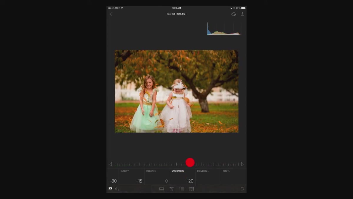 Saturation slider being adjusted in the basic panel
