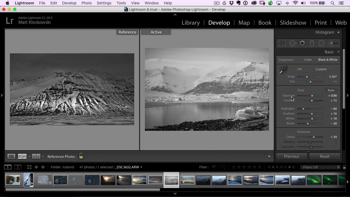 Blacks, whites, and contrast sliders being adjusted in Develop panel