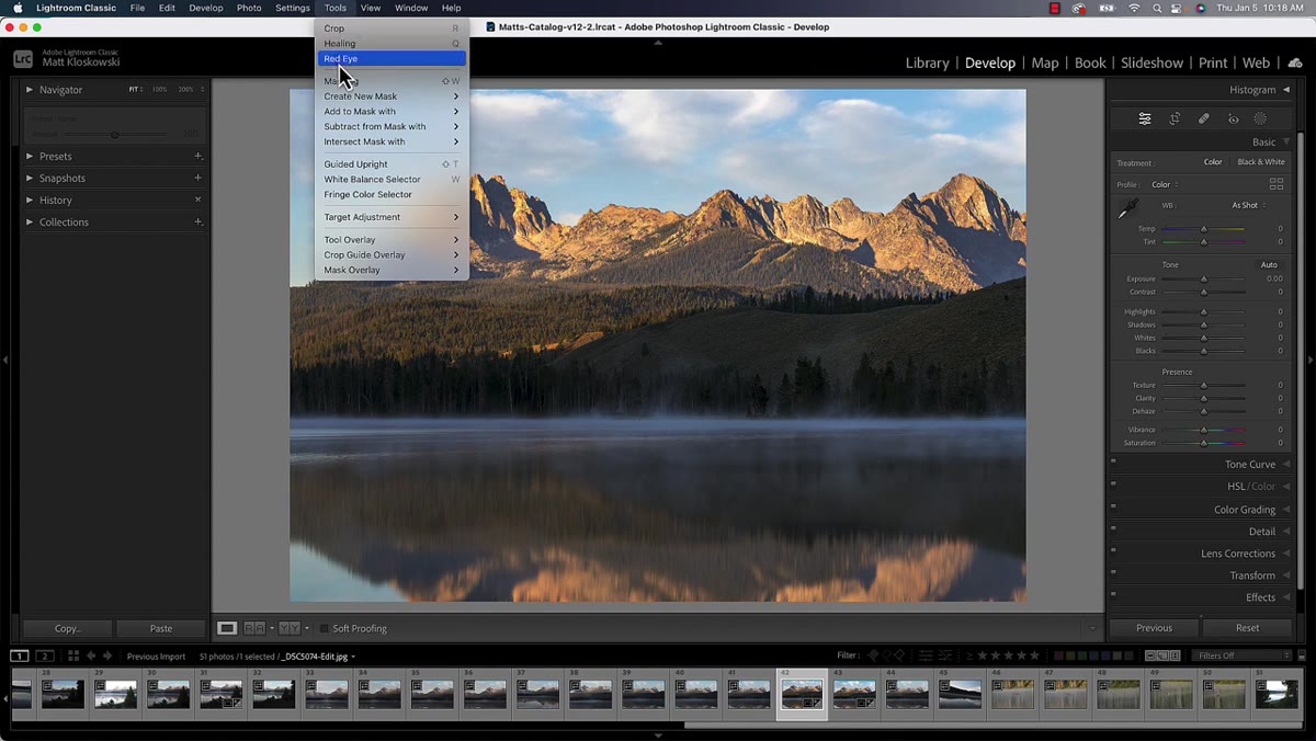 Tools menu open showing keyboard shortcuts listed beside tools