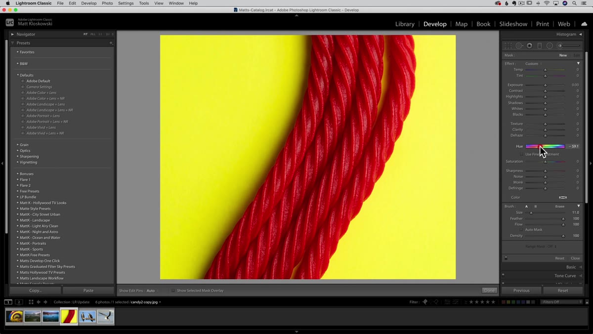 Hue slider being adjusted, pointing toward blue on the color wheel