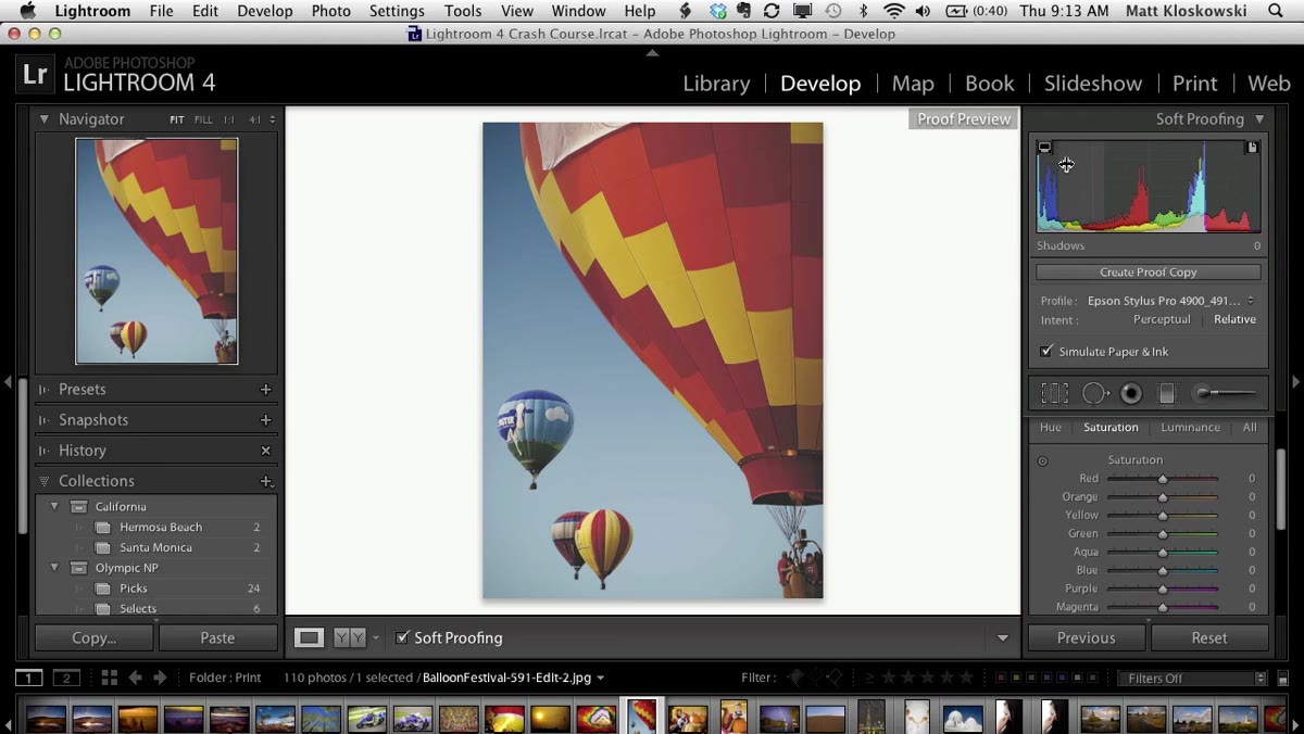 Soft proofing panel replacing the histogram in top right corner