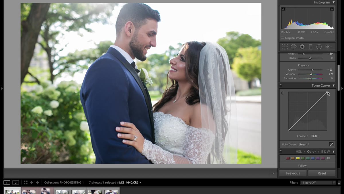 Tone curve with endpoints pulled inward in the RGB channel