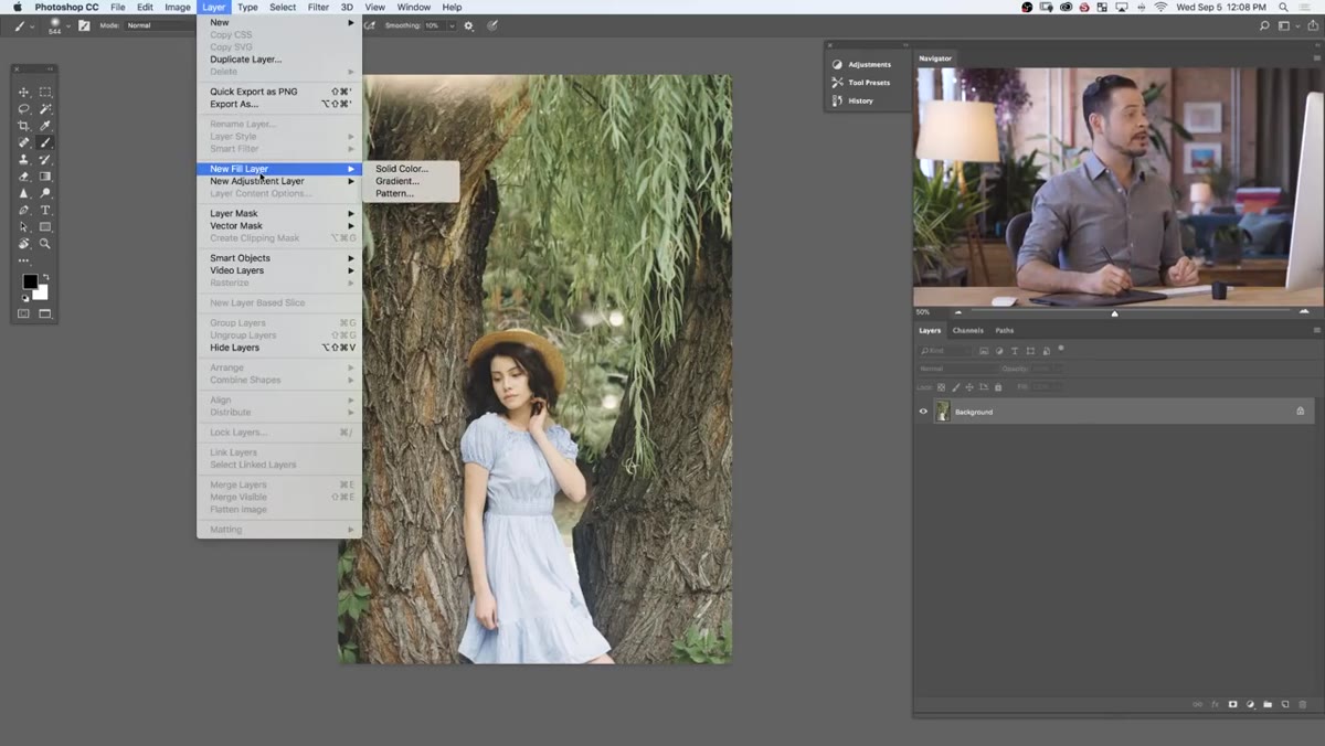 Layer menu open, New Fill Layer selected