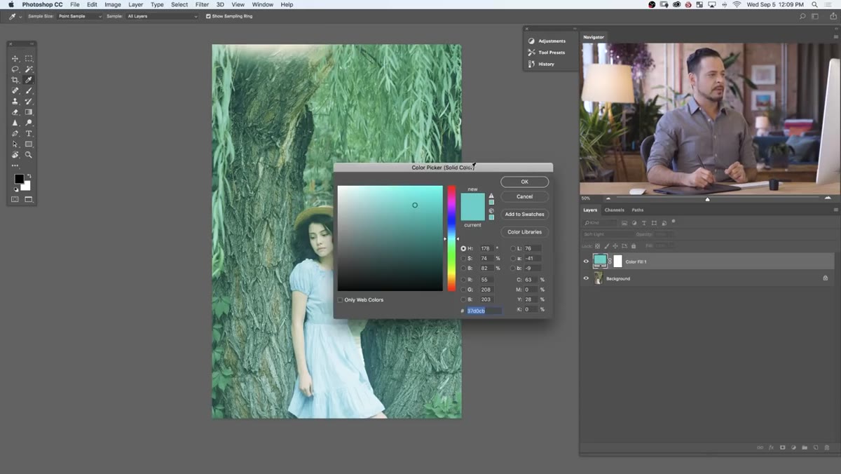 Color picker open with layer thumbnail highlighted