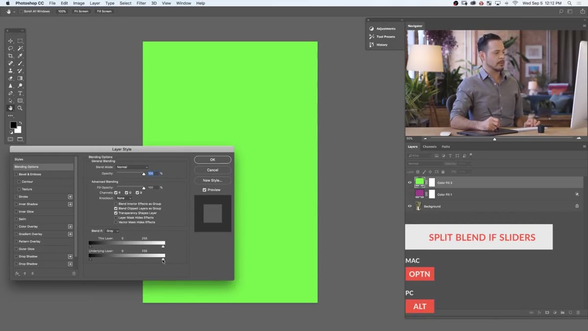 Blend If slider being dragged left to right on highlight layer