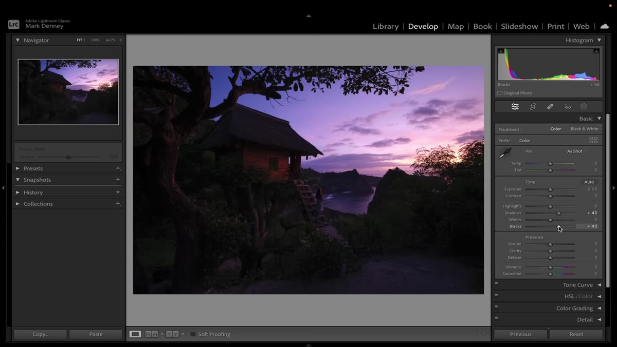 Shadows and highlights sliders being adjusted in Basic panel