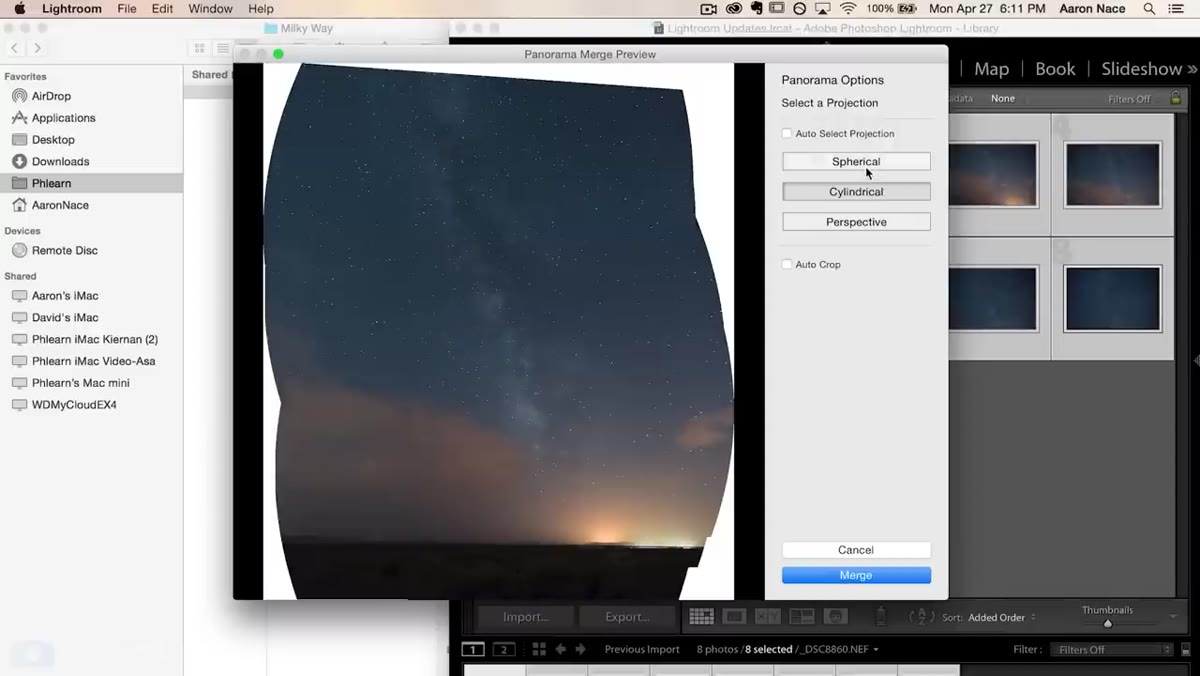 Auto Crop checkbox and Merge button in the Panorama dialog