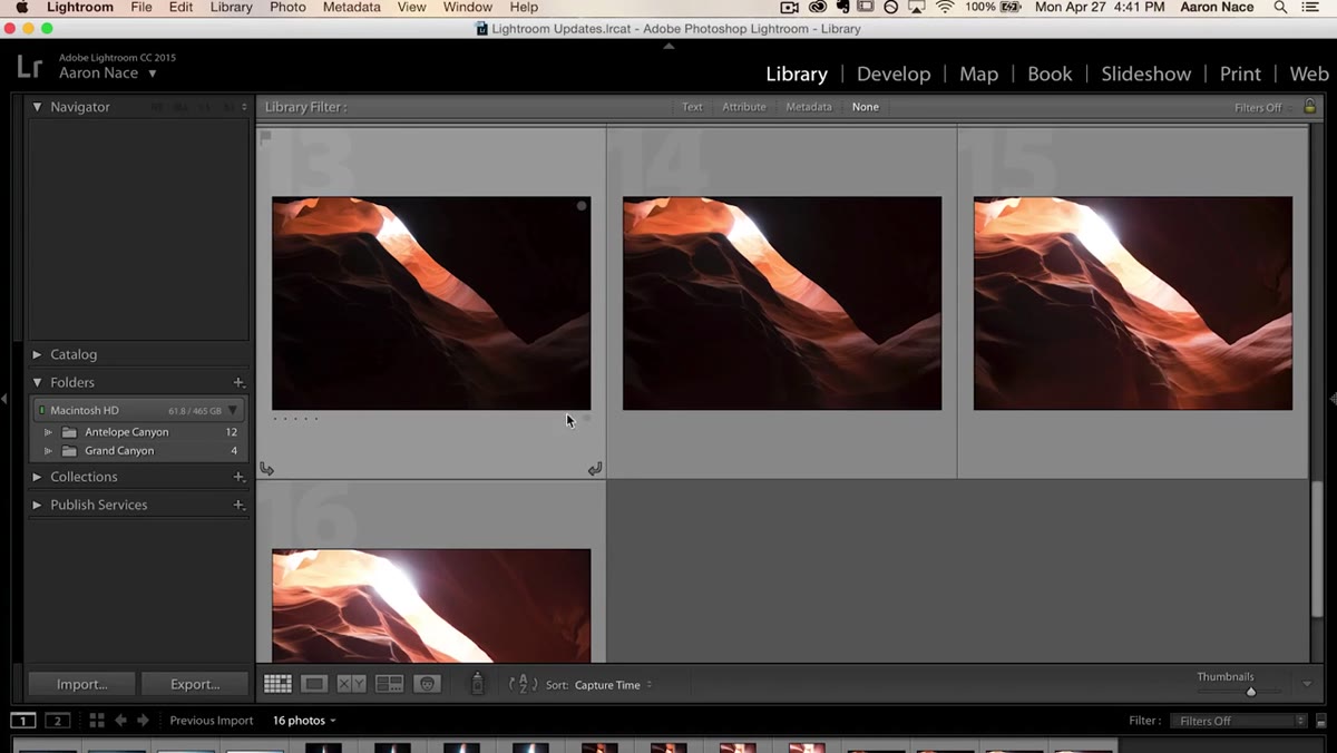 Multiple bracketed images selected in Lightroom filmstrip