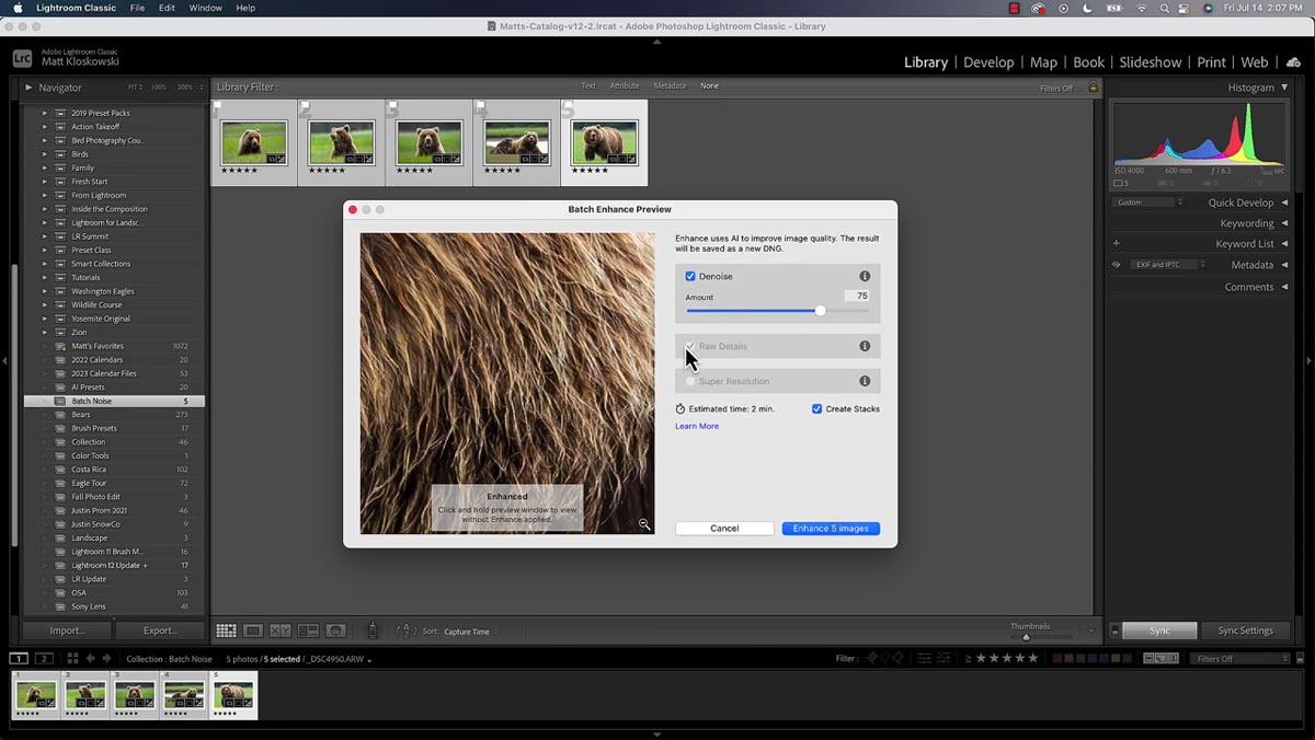Enhance dialog with Denoise checked and Super Resolution unchecked