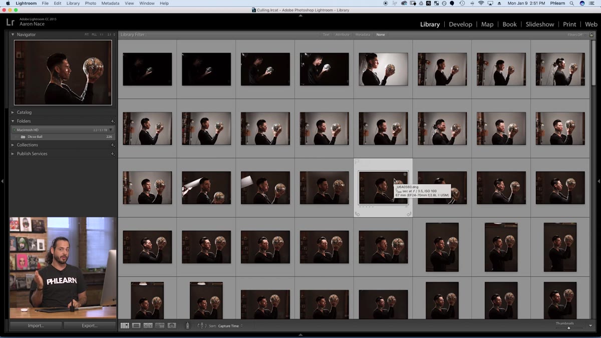 Lightroom Library menu open, showing Previews submenu options