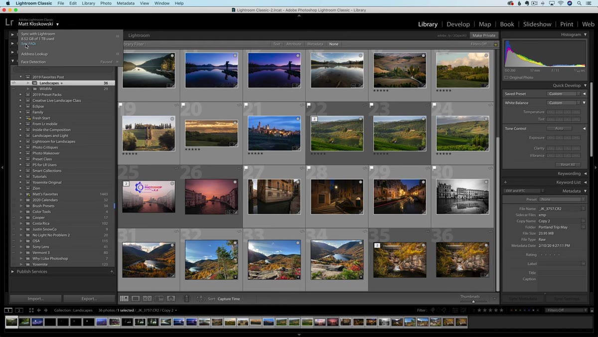 Sync FAQ link visible in the Lightroom identity plate dropdown