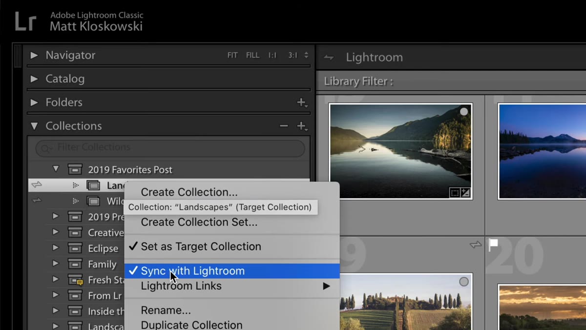 Right-click context menu on a collection showing Sync with Lightroom option