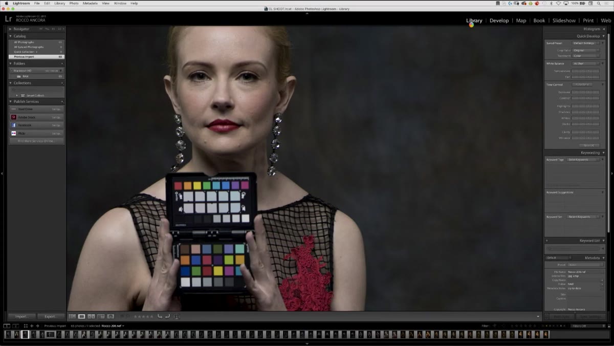 Color checker target shown alongside a portrait subject