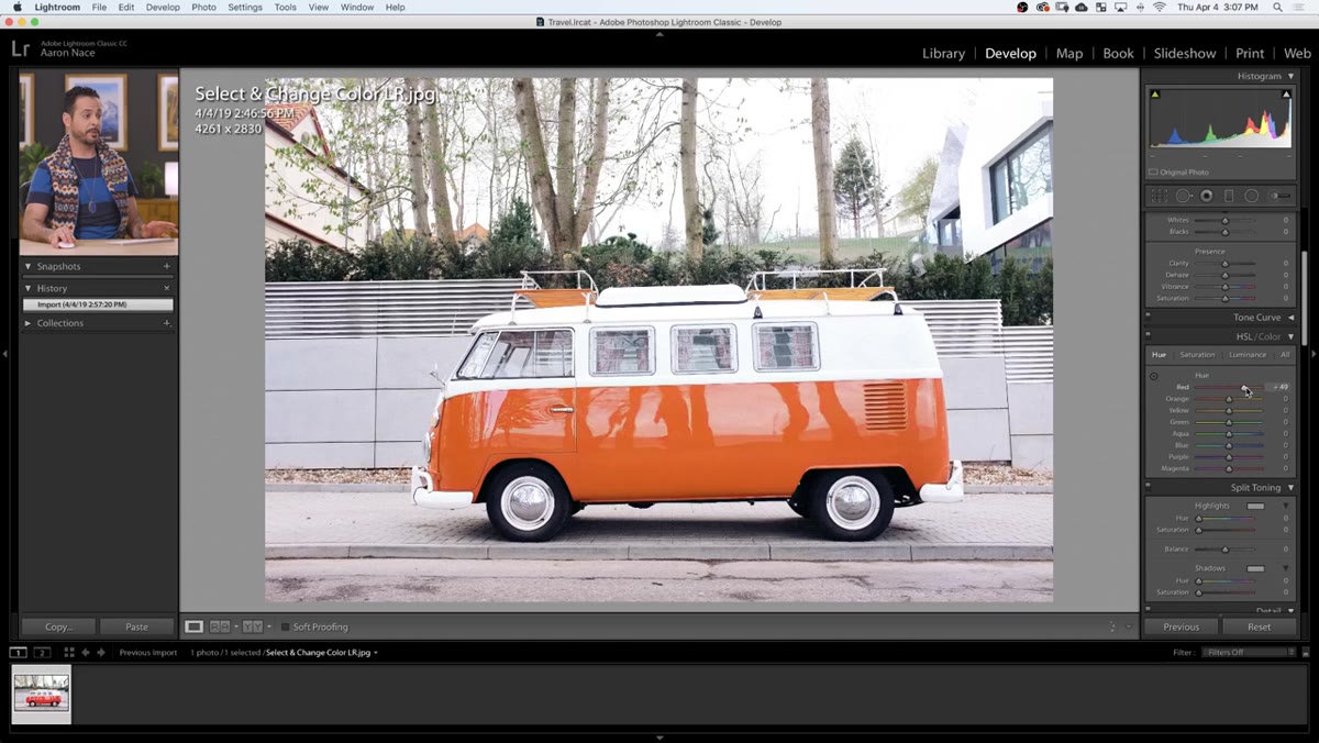 Red and orange hue sliders being adjusted on Volkswagen image