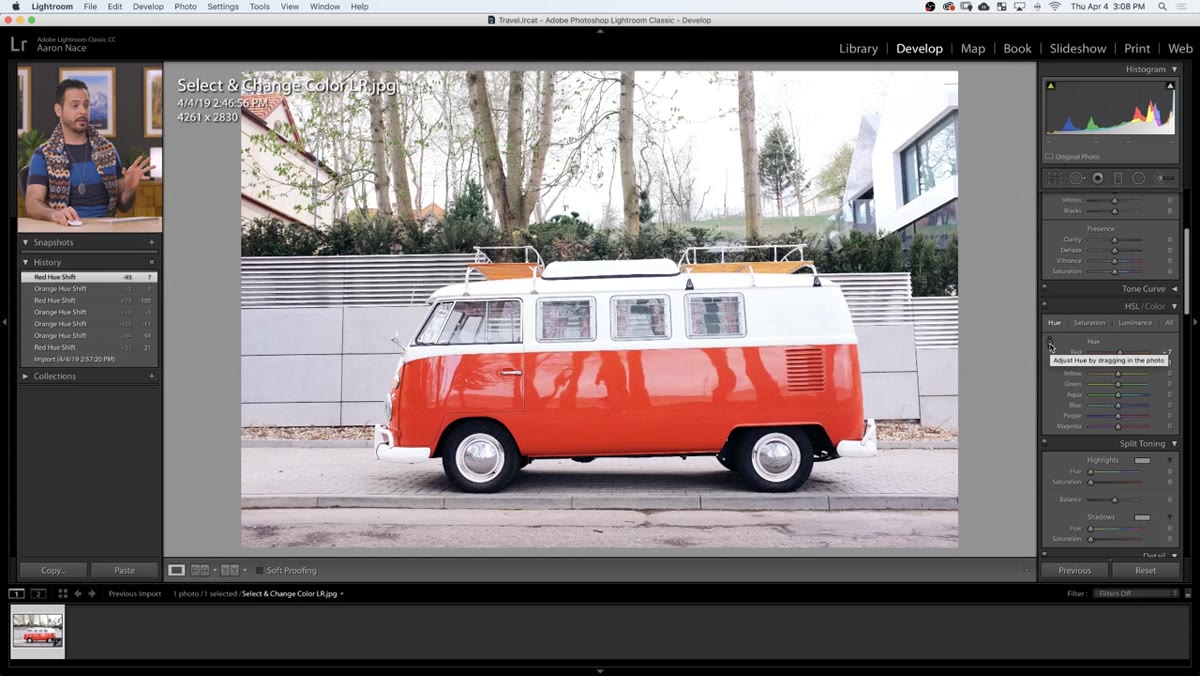 On-image adjustment icon selected, cursor dragging on car