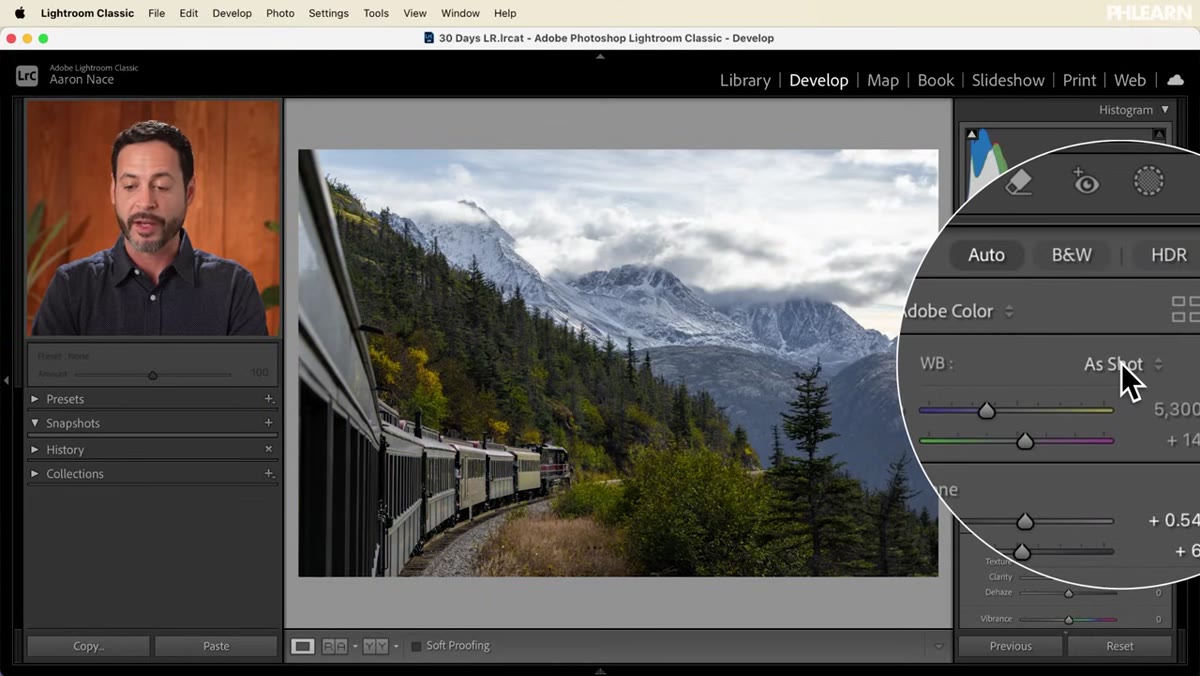 White Balance dropdown open showing preset options