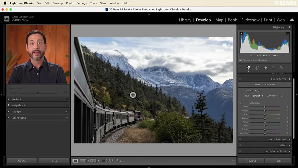 On-image adjustment tool active, cursor dragging over green trees
