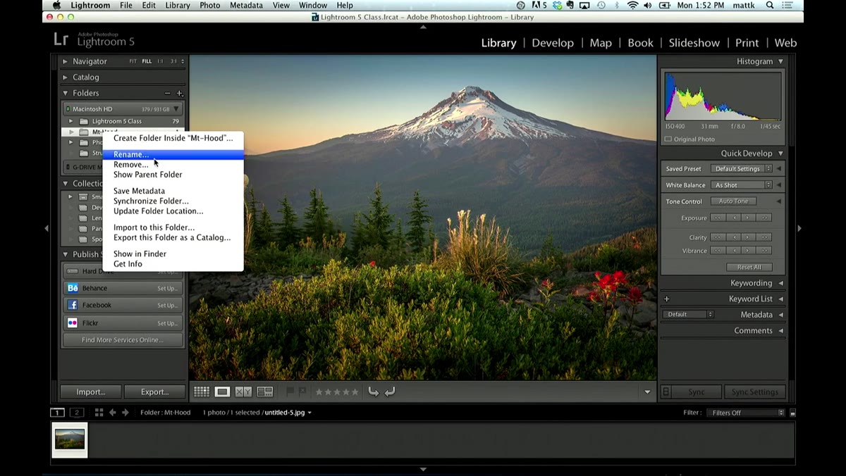 Right-click menu open on a folder in the Folders panel