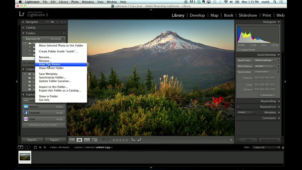 Right-click menu showing &ldquo;Hide This Parent Folder&rdquo; option
