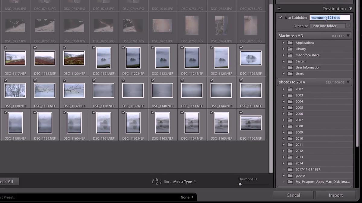Import destination showing custom shoot folder name being typed