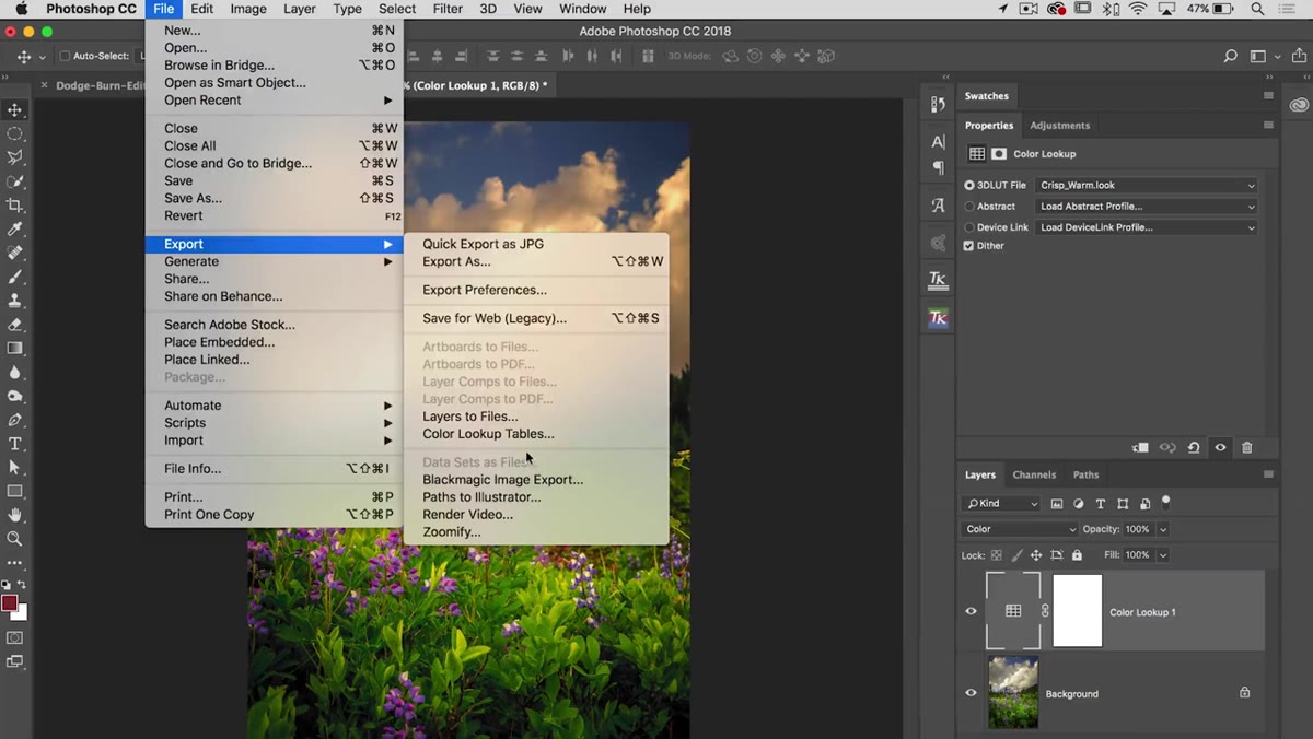 File menu open with Export option highlighted