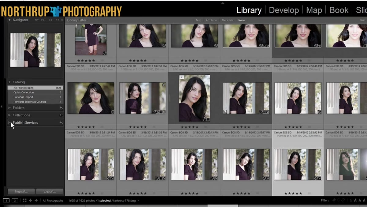 Lightroom Library module with Publish Services panel visible