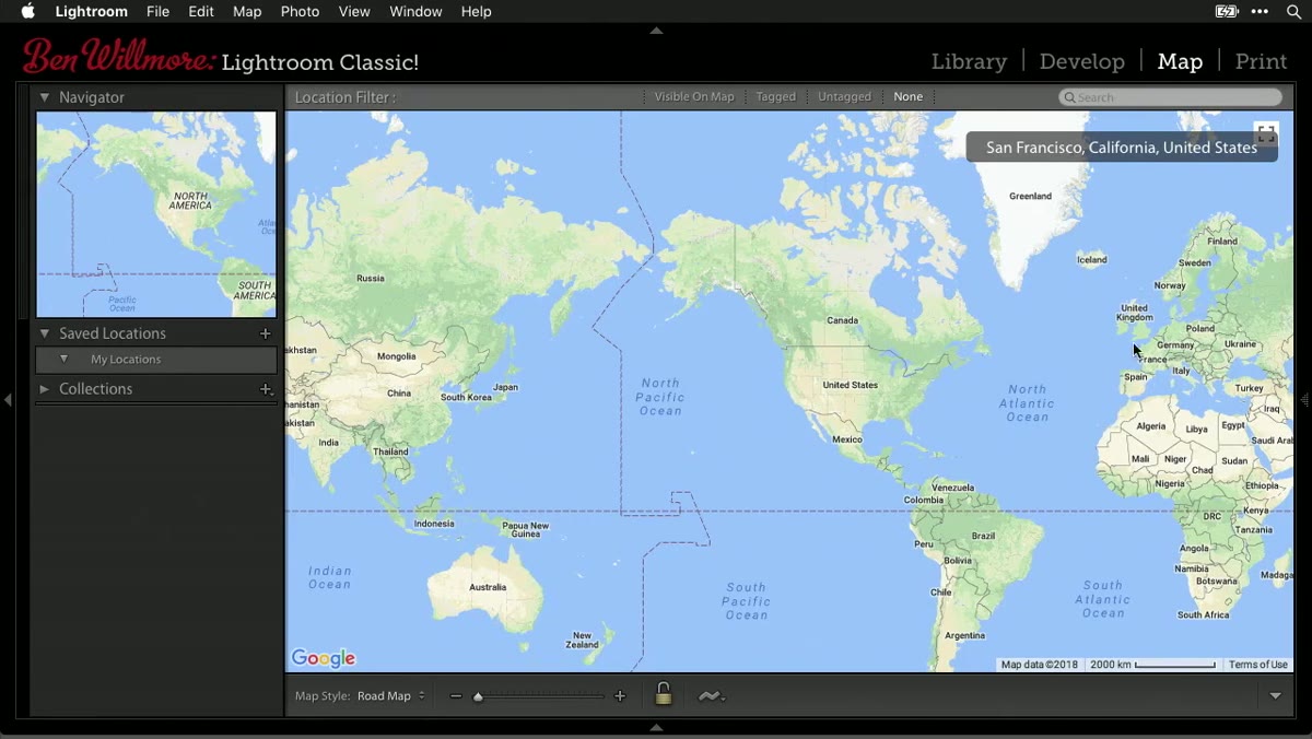 Clicking the Map module tab inside Lightroom Classic