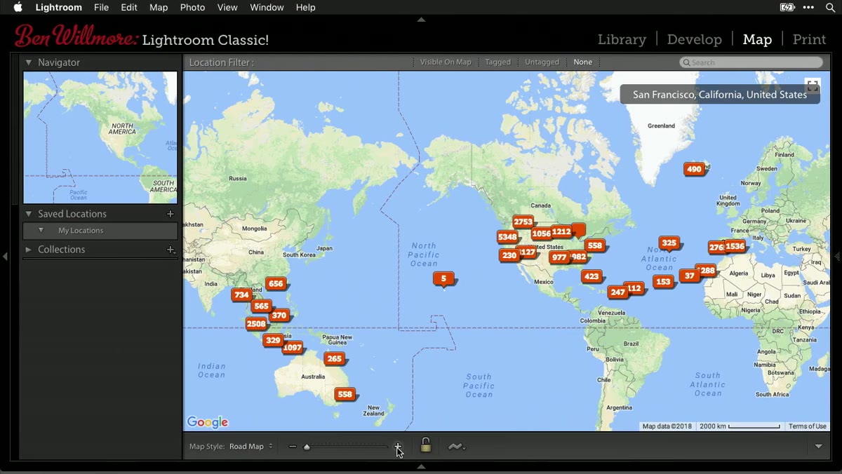Map view showing clustered location markers with numbers inside them