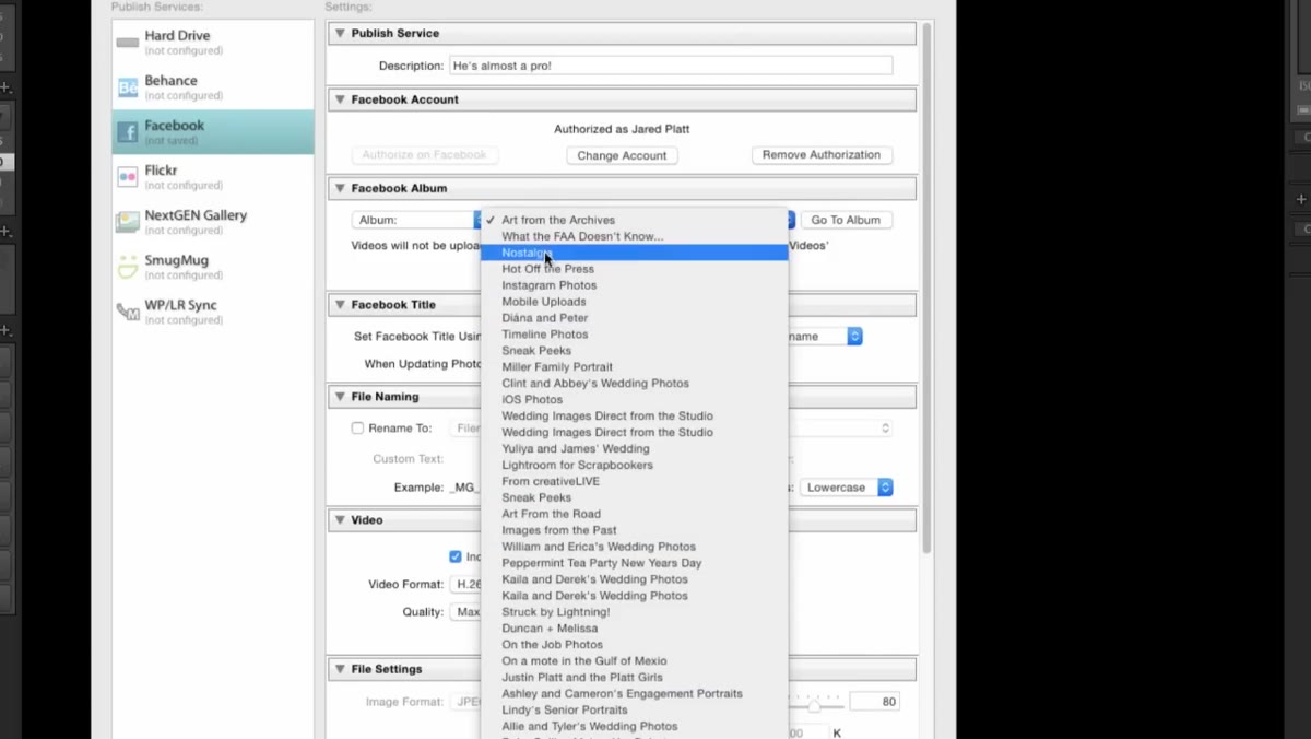 Album selector showing Facebook albums and timeline option