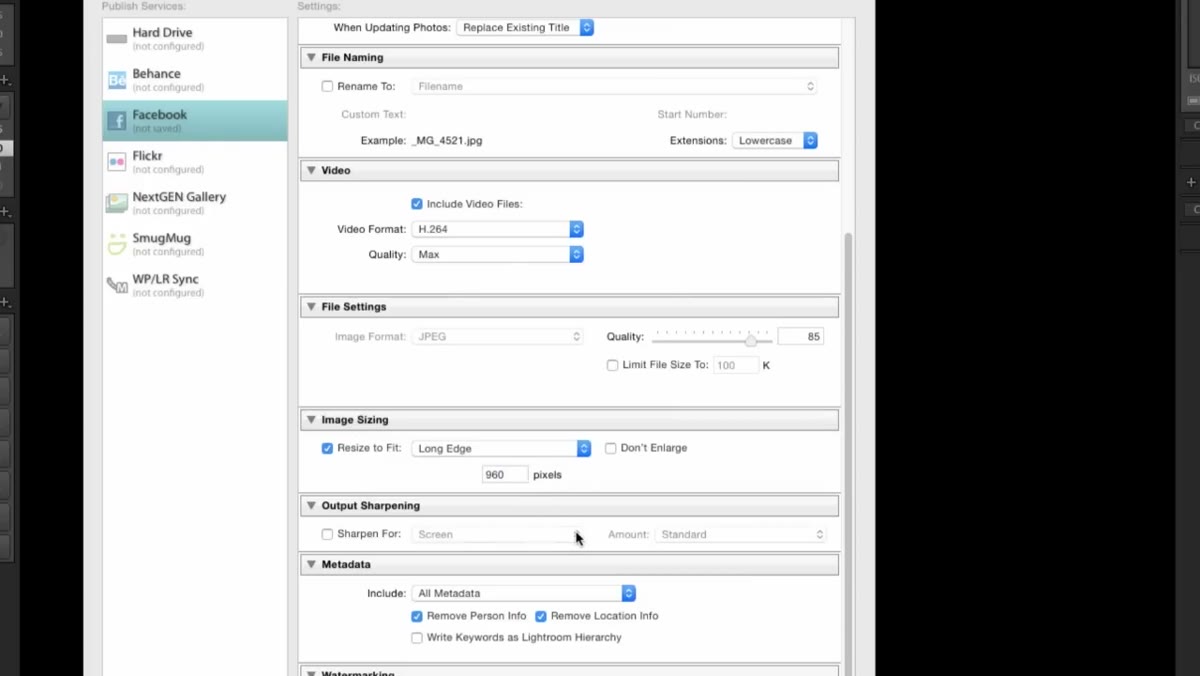 File settings section showing 960 pixel default for Facebook