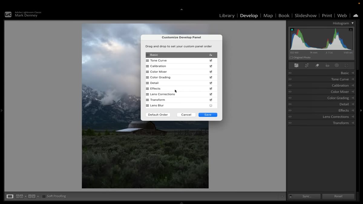 Basic panel open on a Grand Tetons RAW file, all sliders at zero