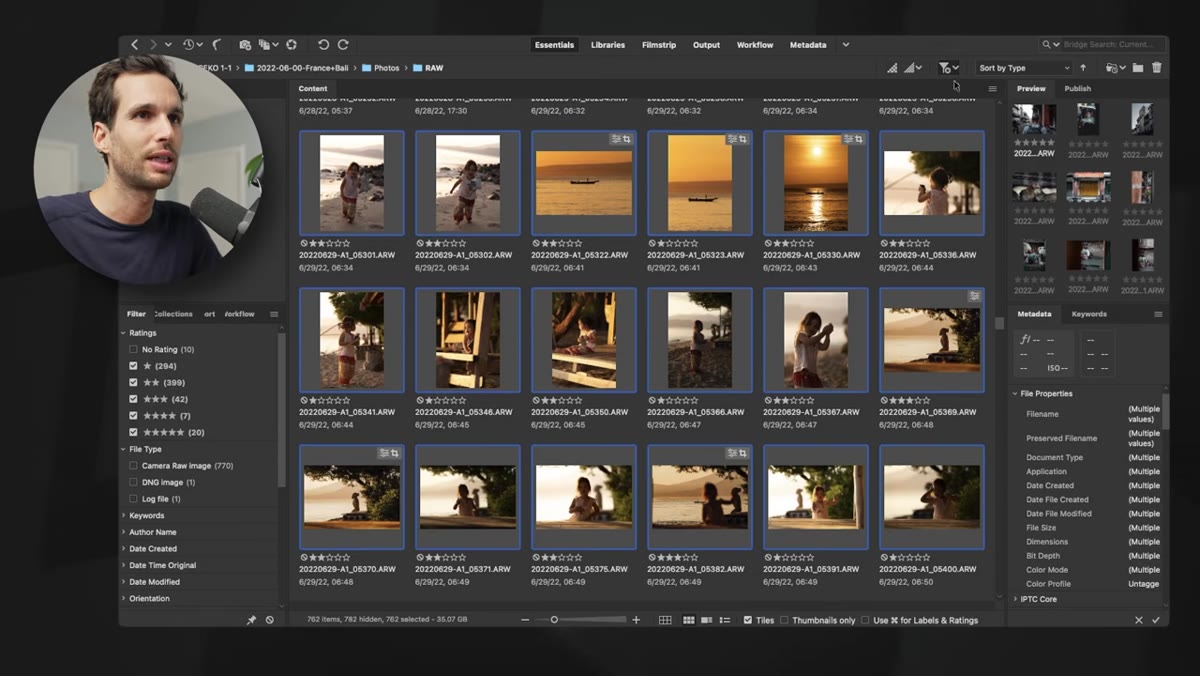Bridge filter panel showing images sorted by star rating