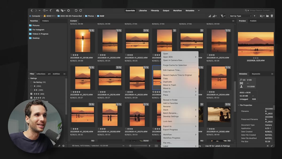 Camera Raw interface open from Bridge with full adjustment panels visible