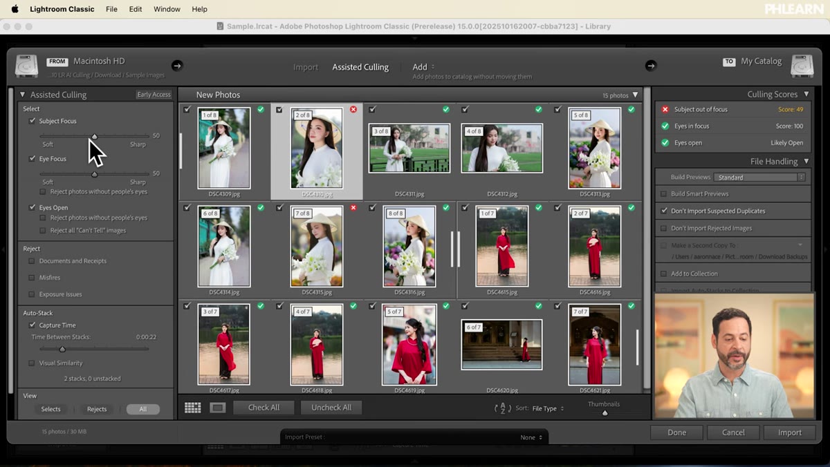 Subject focus slider being moved right, more thumbnails gaining red X marks