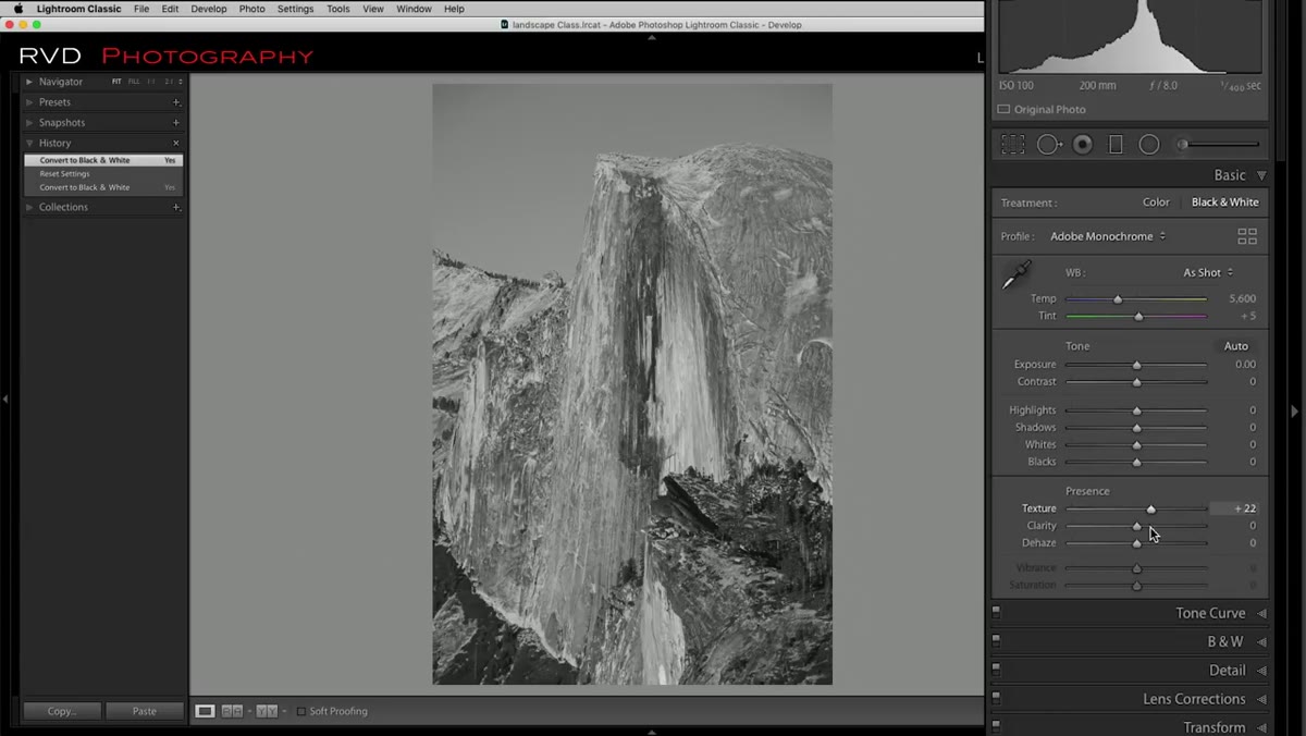 Adjusting texture and clarity sliders in the Basic panel