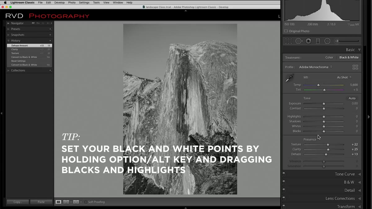 Holding Alt key while dragging Blacks slider in Lightroom