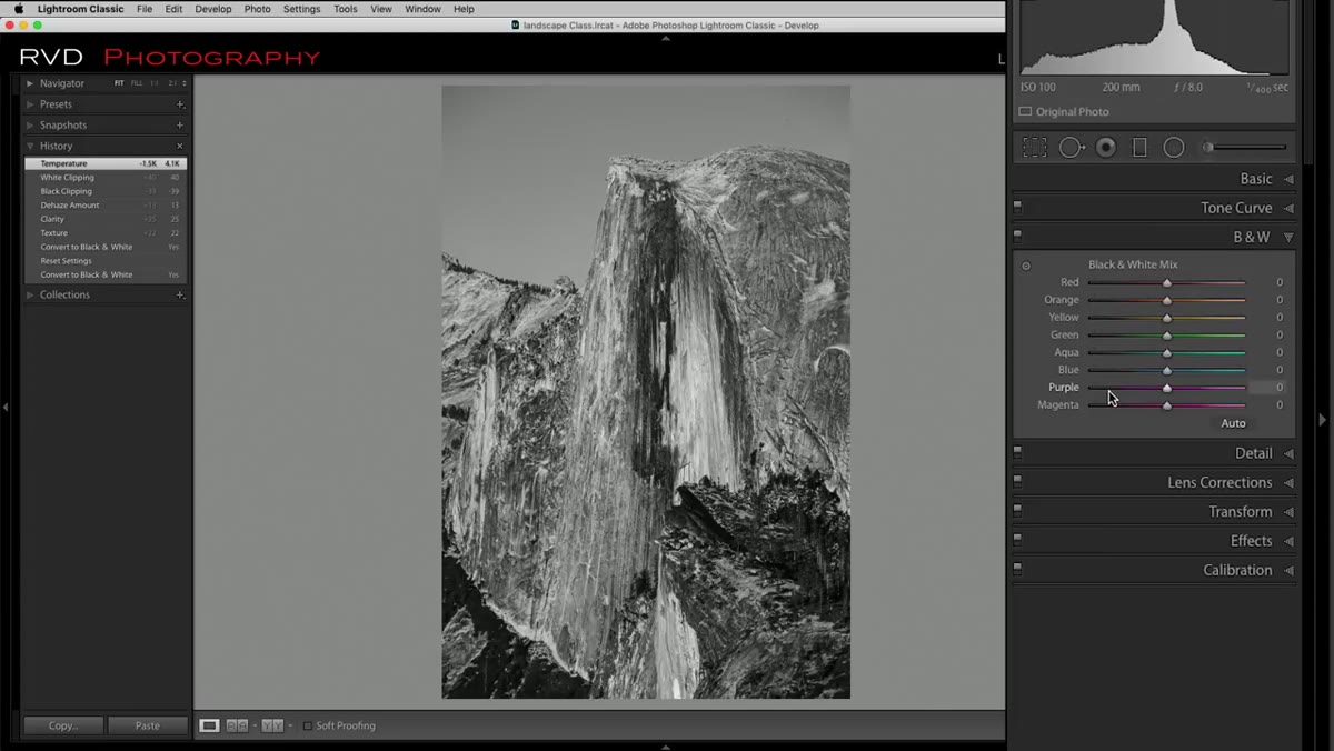 Dragging the Blue channel slider down in the B&W Mix panel