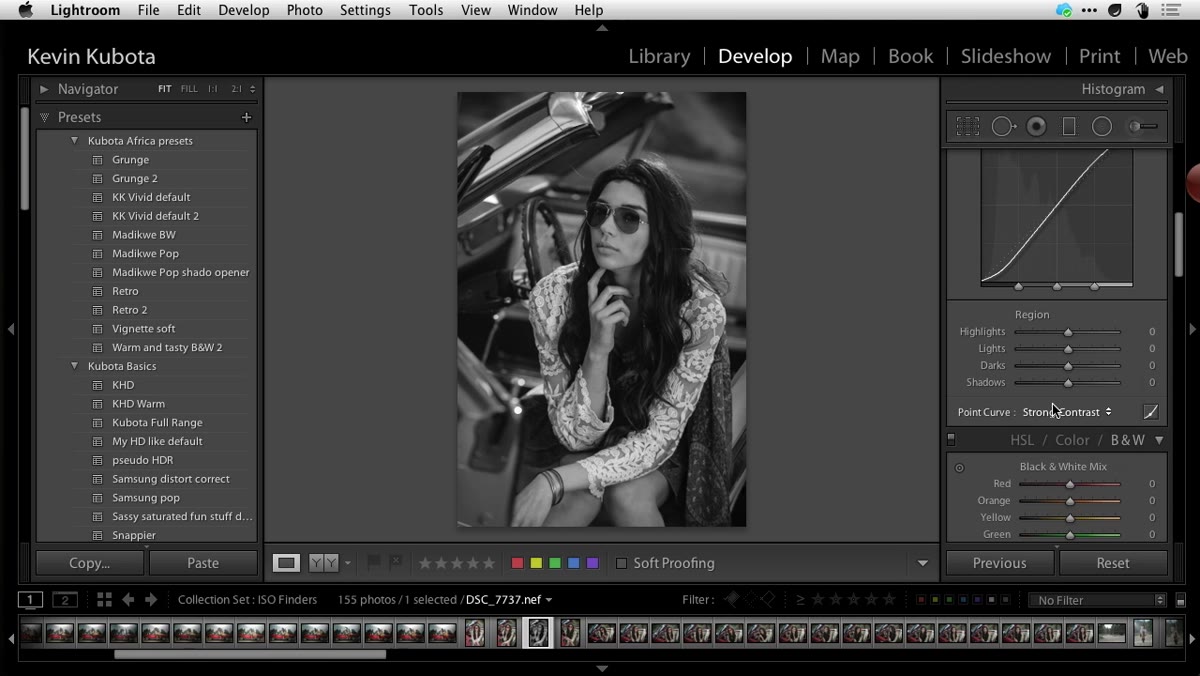 Tone Curve panel set to Strong Contrast preset