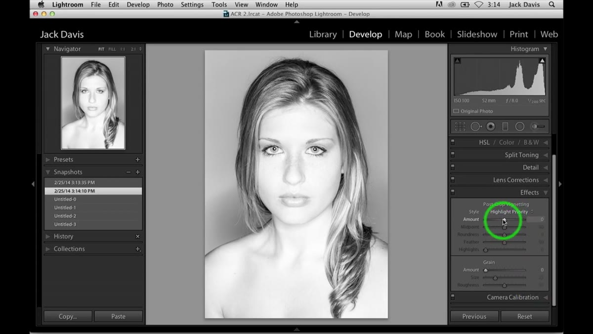 Post-crop vignetting panel open with amount slider being adjusted