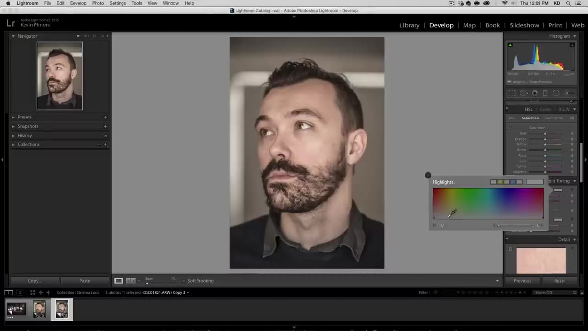 Color grading panel showing shadows and highlights adjustments