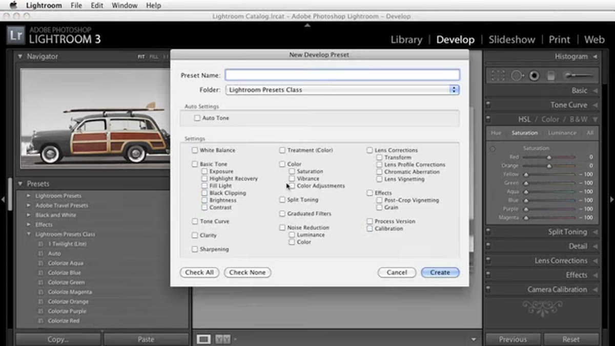 New preset dialog with &ldquo;Color Adjustments&rdquo; checkbox selected