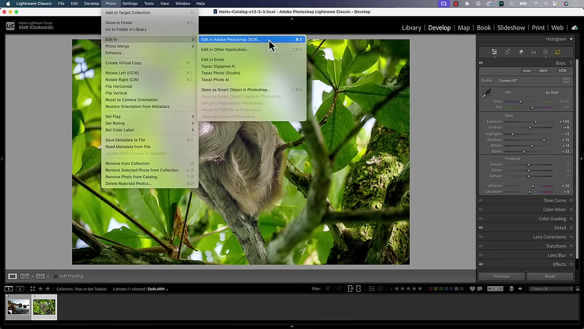 Lightroom Classic photo menu with Edit In Photoshop option highlighted