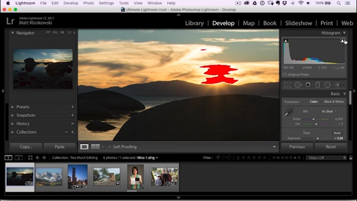 Highlight clipping warning activated in histogram panel