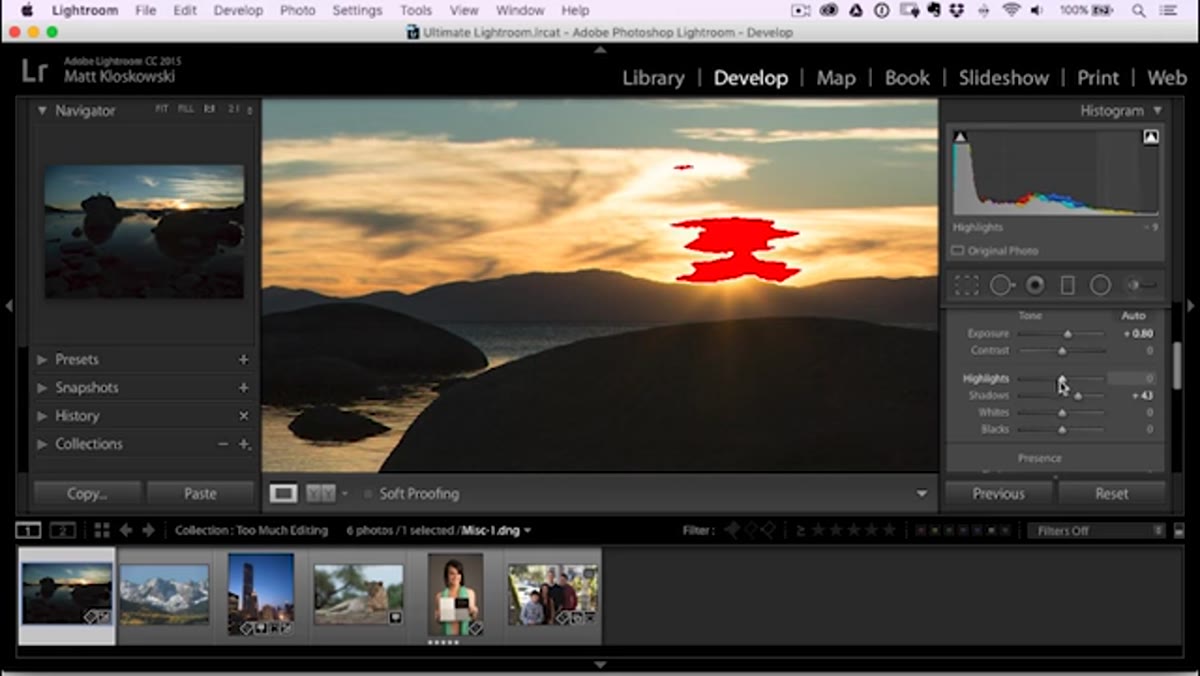 Highlights slider dragged down, sky appearing flat and dark