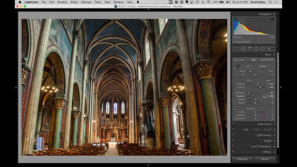 Shadows slider pulled right, dark areas of church becoming visible